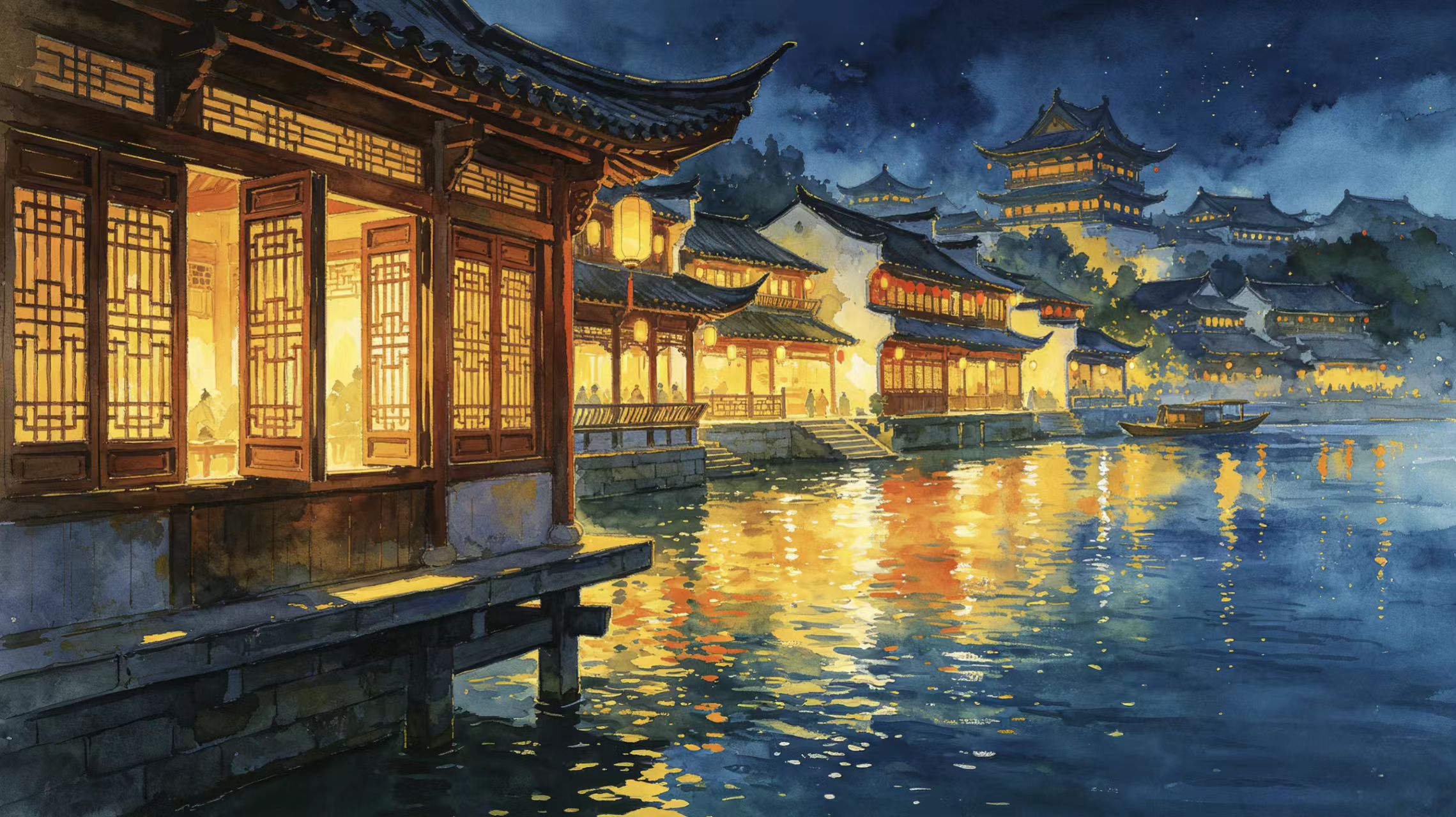 《厅堂筑婺州》夜色水乡场景