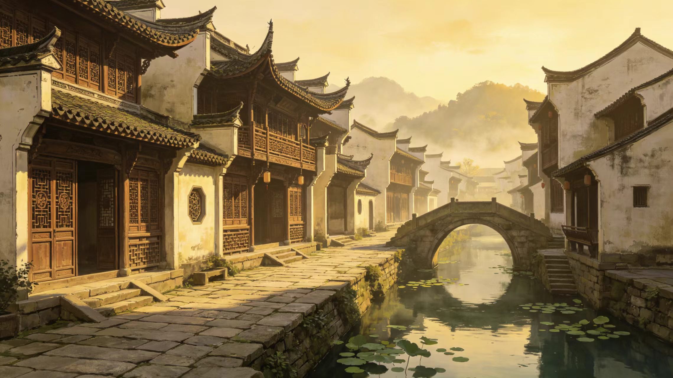 《厅堂筑婺州》晨光水乡场景