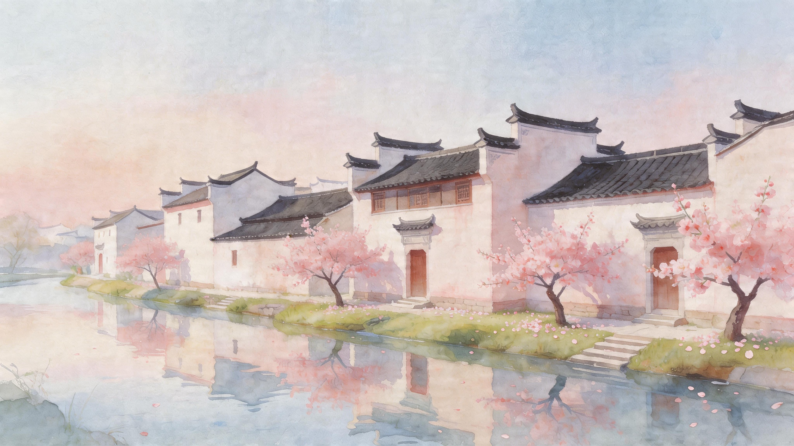 《厅堂筑婺州》春日水乡场景